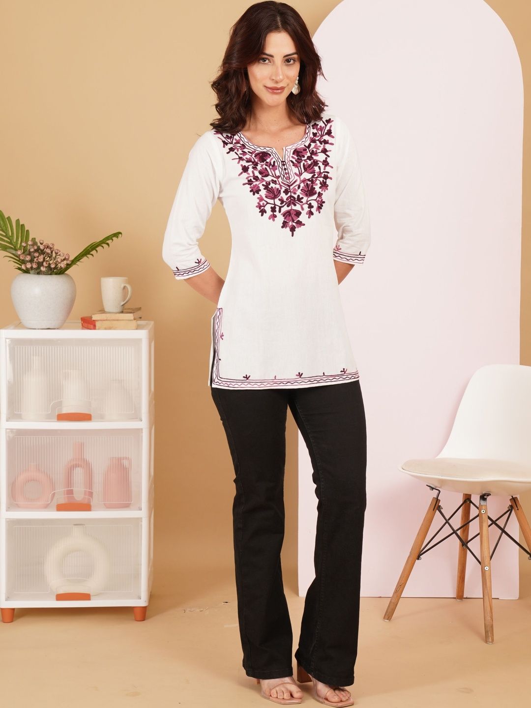 Sangria Floral Embroidered Boat Neck Pure Cotton Blend Kurti