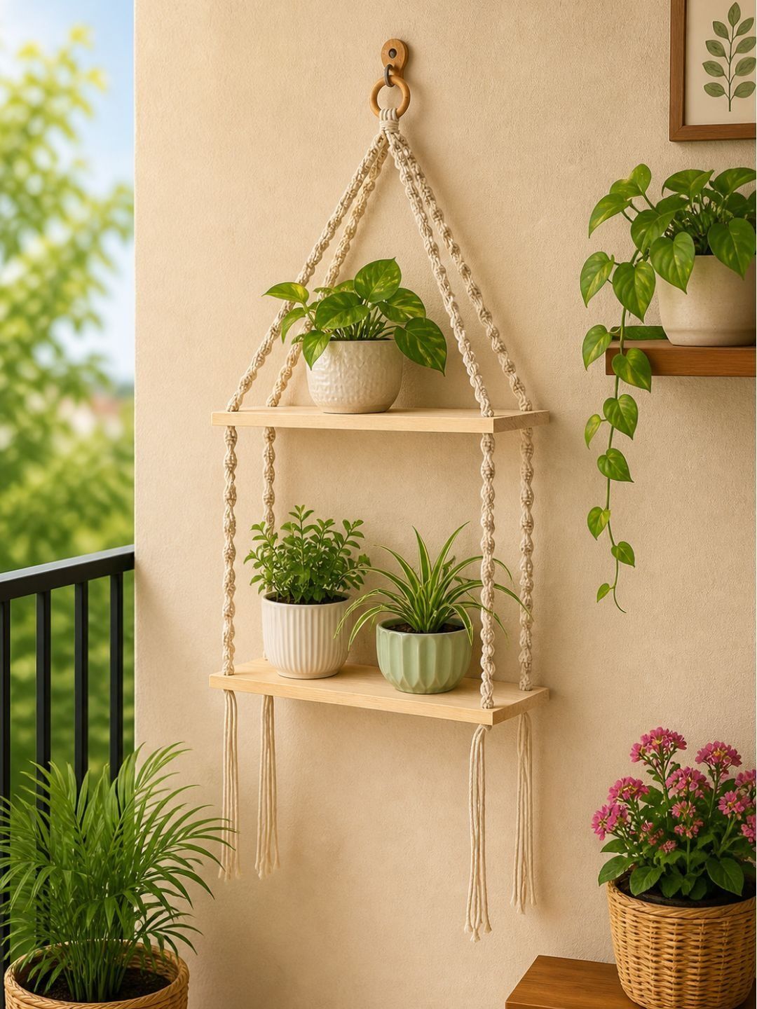 DULI Cream-Coloured Boho 2 Tier Macrame Cotton Planter Wall Decor Hanging