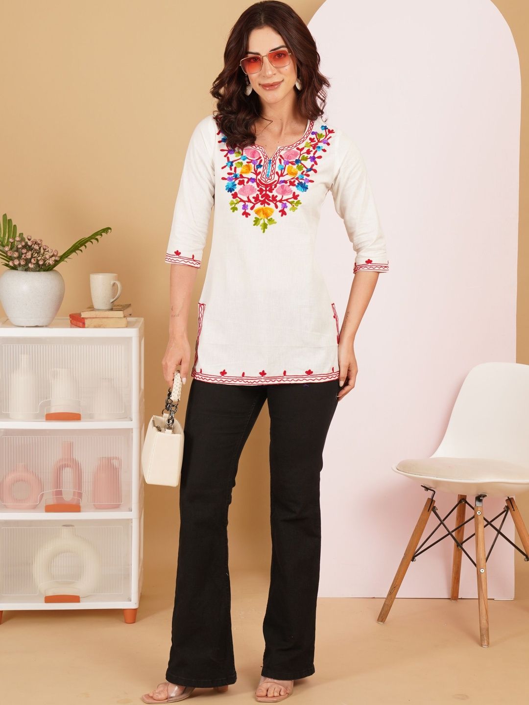 Sangria Floral Embroidered V-Neck Thread Work Pure Cotton Blend Thread Work Kurti