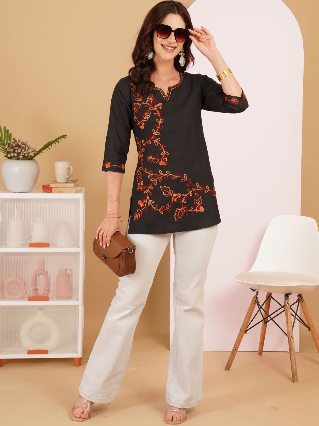 Sangria Floral Embroidered V-Neck Thread Work Pure Cotton Blend Thread Work Kurti