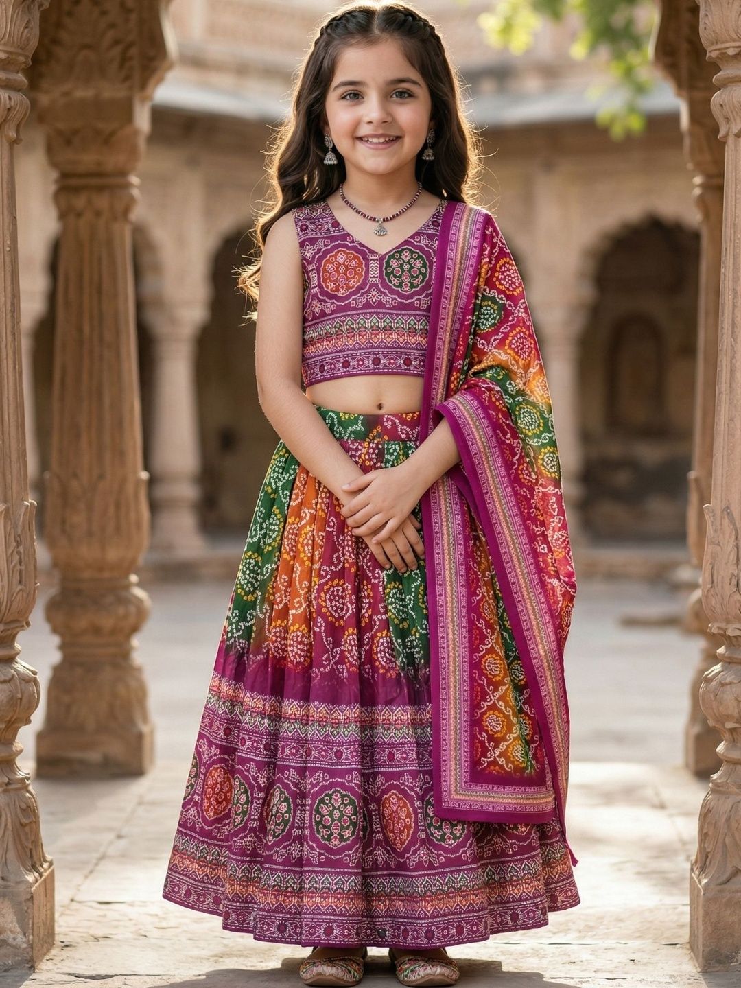 KALINI Girls Printed Semi-Stitched Lehenga & Blouse With Dupatta