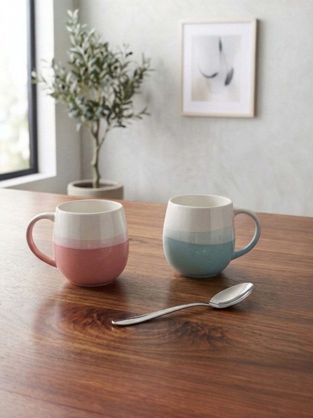 U & U Unique Utilities Pink & Sea Green 2Pcs Large Ceramic Glossy Coffee Mugs- 450 ml each