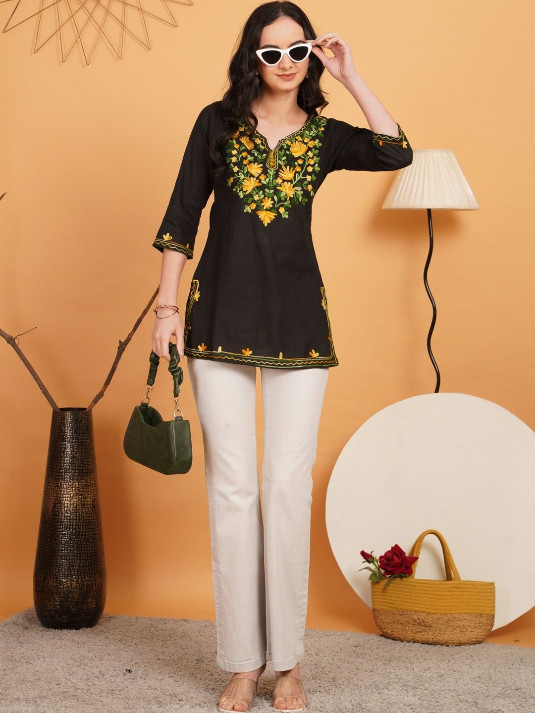 Sangria Floral Embroidered V-Neck Thread Work Pure Cotton Blend Thread Work Kurti