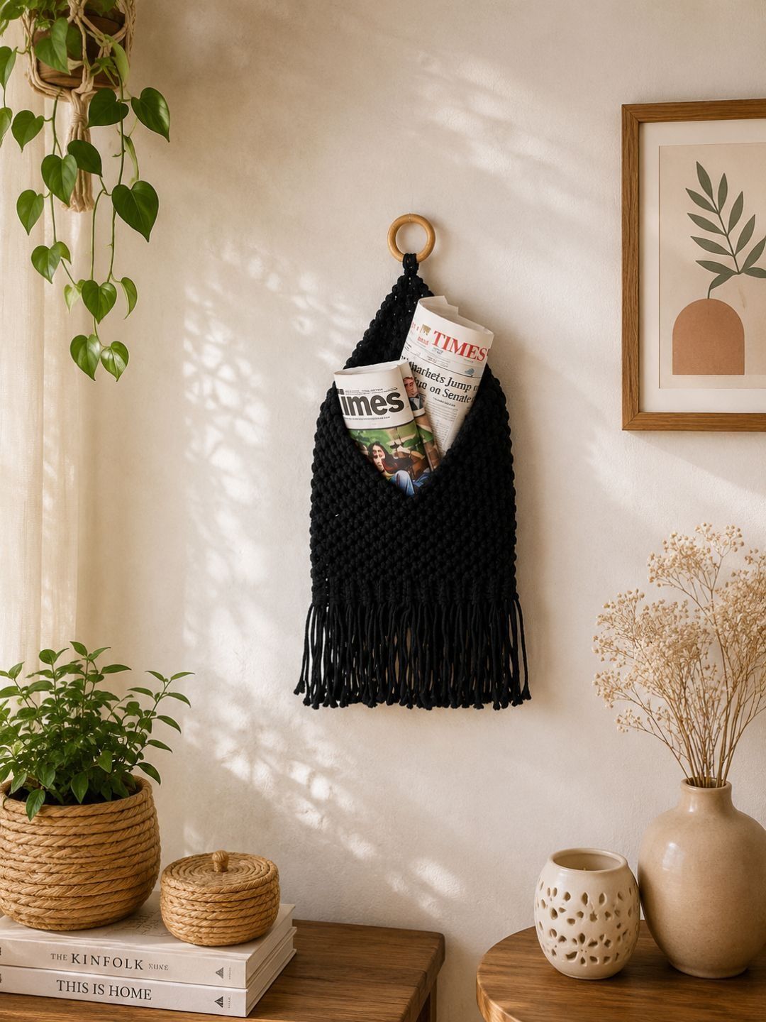 DULI Macrame Magazine Storage Organizer Fabric Hanging Hall Wall Hangings-24In