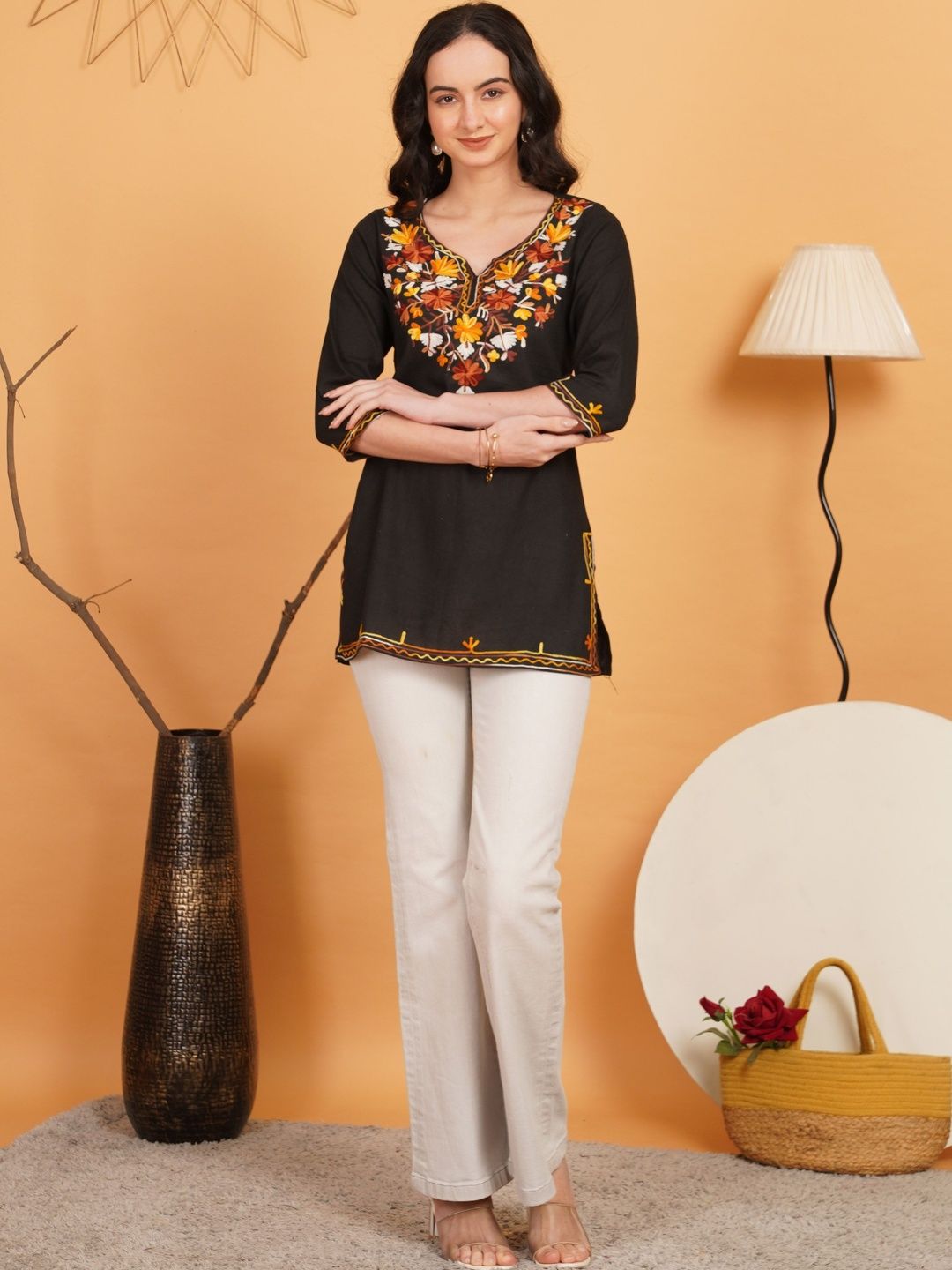 Sangria Floral Embroidered V-Neck Thread Work Pure Cotton Blend Thread Work Kurti