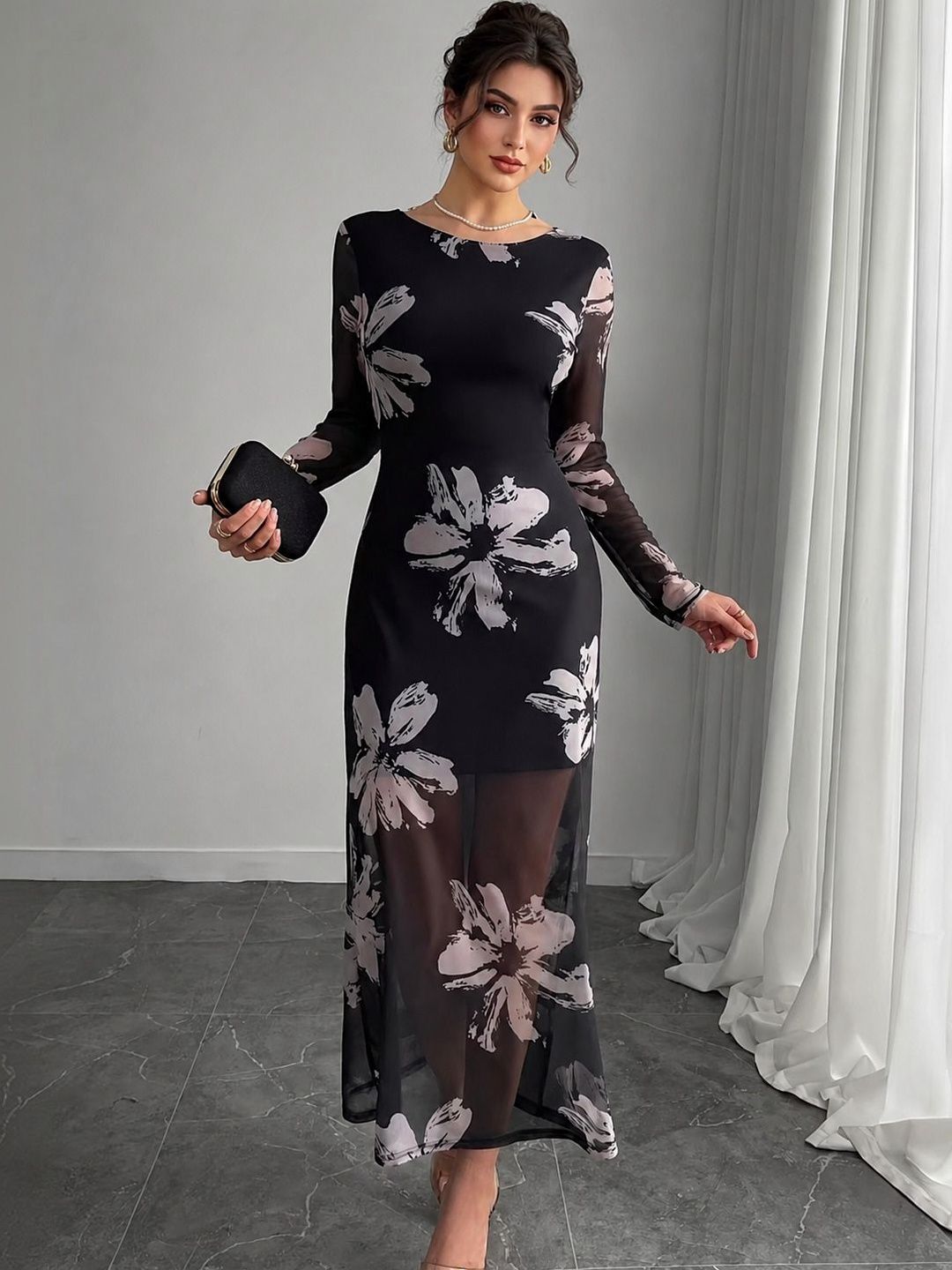 KI STUDIO Floral Print Net Sheath Maxi Dress