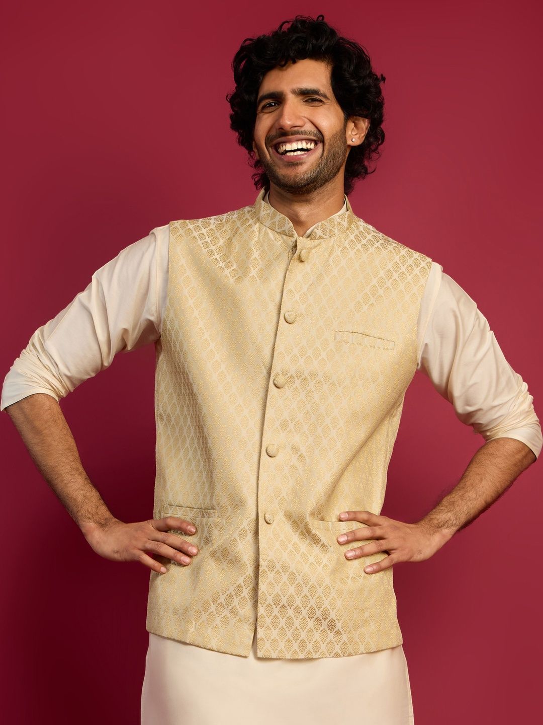 VASTRAMAY Men Cream-Coloured Woven Design Nehru Jacket