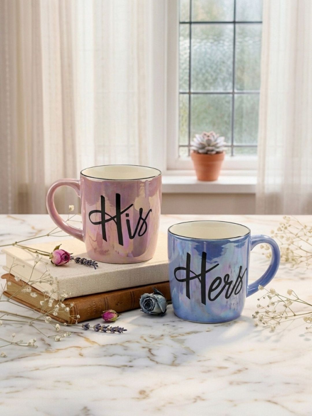 U & U Unique Utilities Pink & Blue 2 Pcs Ceramic Coffee Mugs For Couples -350 ml Each