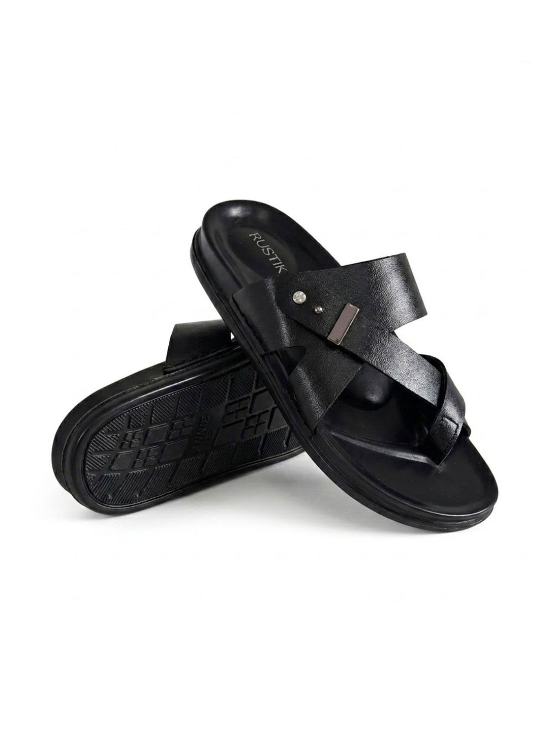 RUSTIK Men Black Synthetic Leather Comfort Sandals With Cross Strap