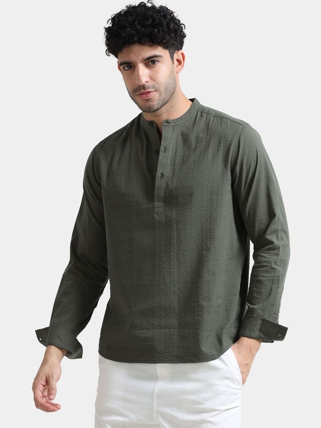 StitchX Men Seersucker Band Collar Pure Cotton Striped Kurta Shirt