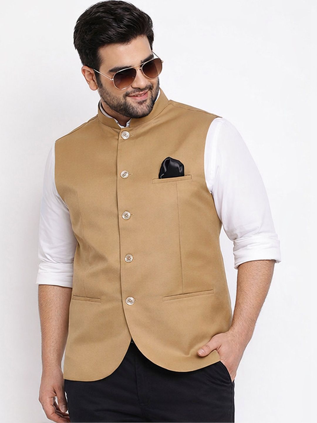 VASTRAMAY Men Beige Solid Bandhgala Woven Nehru Jacket