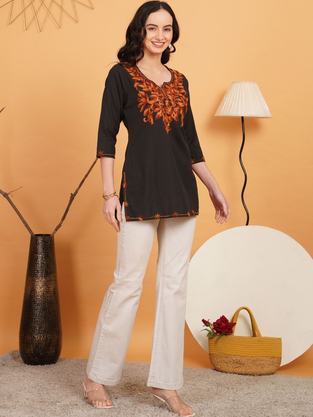 Sangria Botanical Embroidered V-Neck Thread Work Pure Cotton Blend Thread Work Kurti