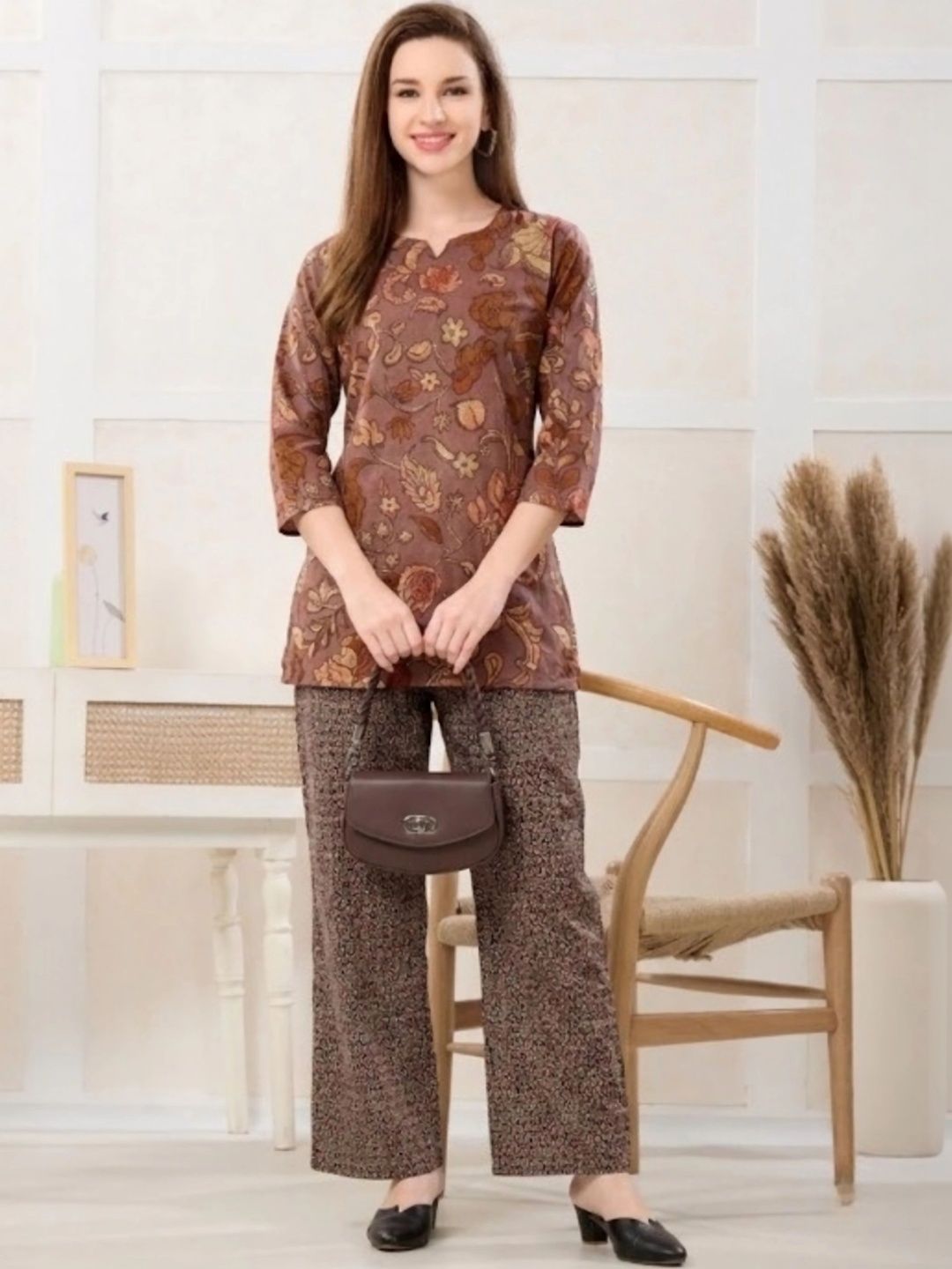 NIGHT FLOSS Floral Cotton Printed Tunic with Trousers