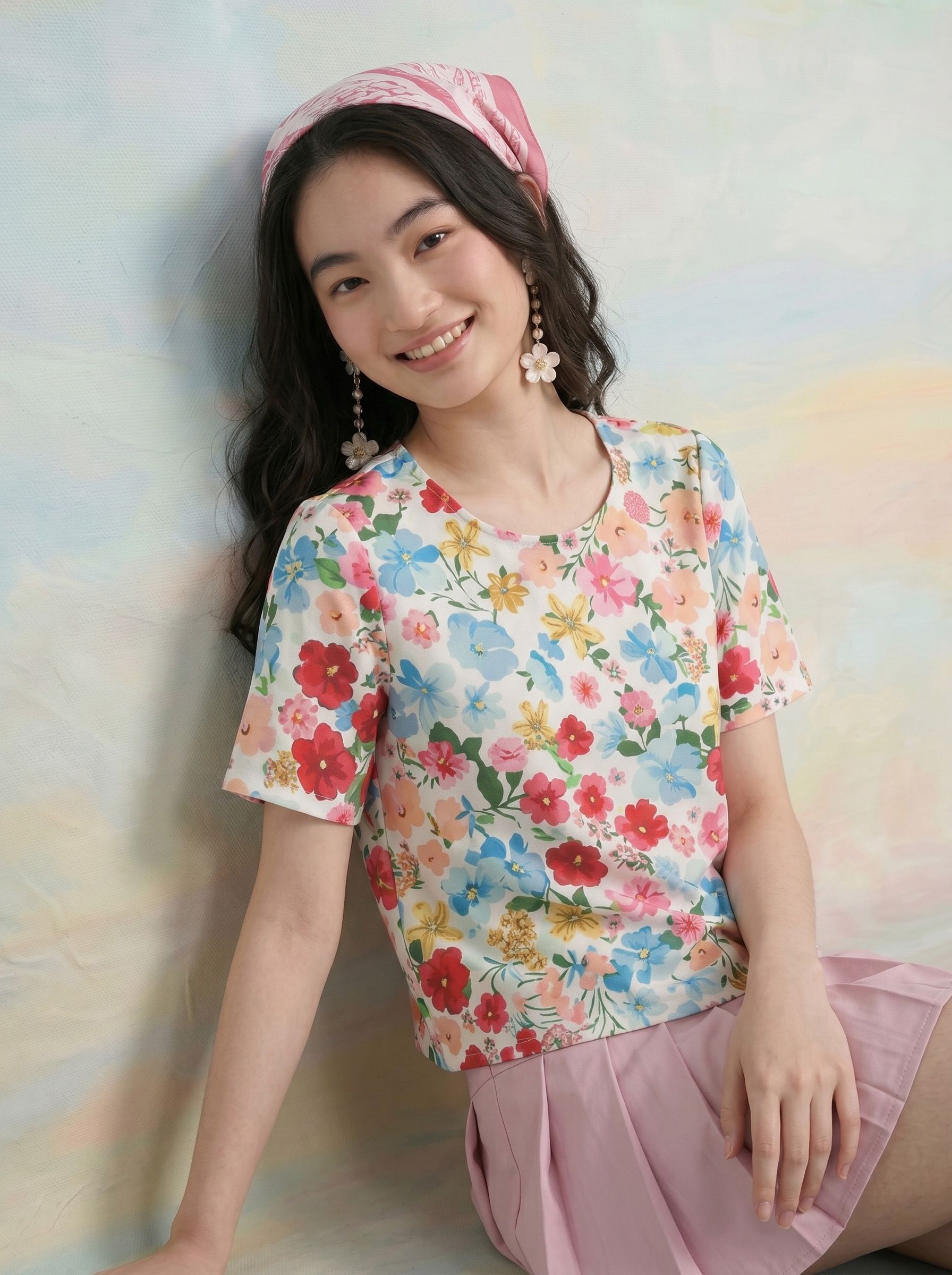 ZACCAI ZACCAI White Crepe Floral Printed Straight Top
