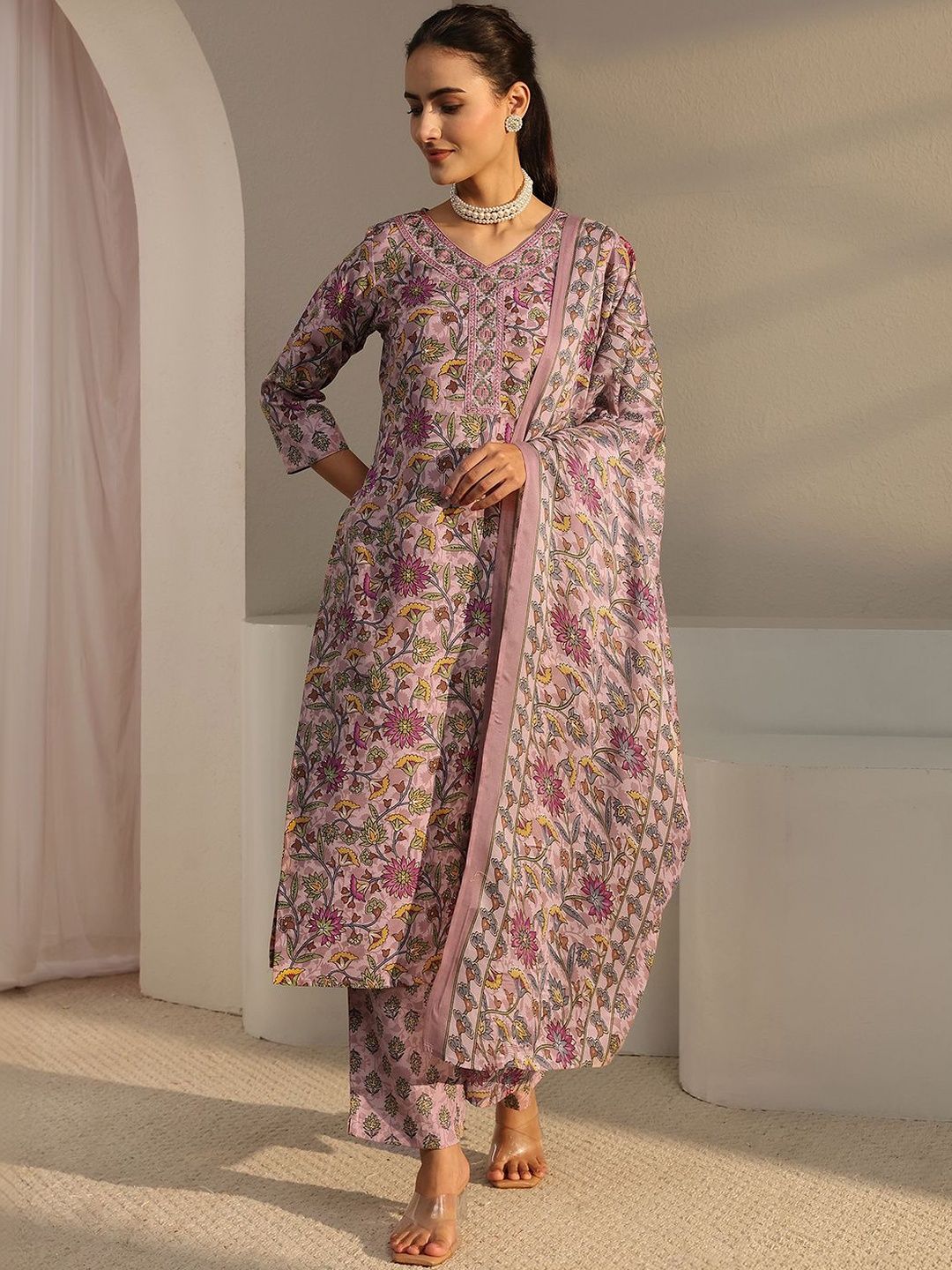 Gerua By Libas Libas Pink Floral Printed Straight Suit Set with Dupatta
