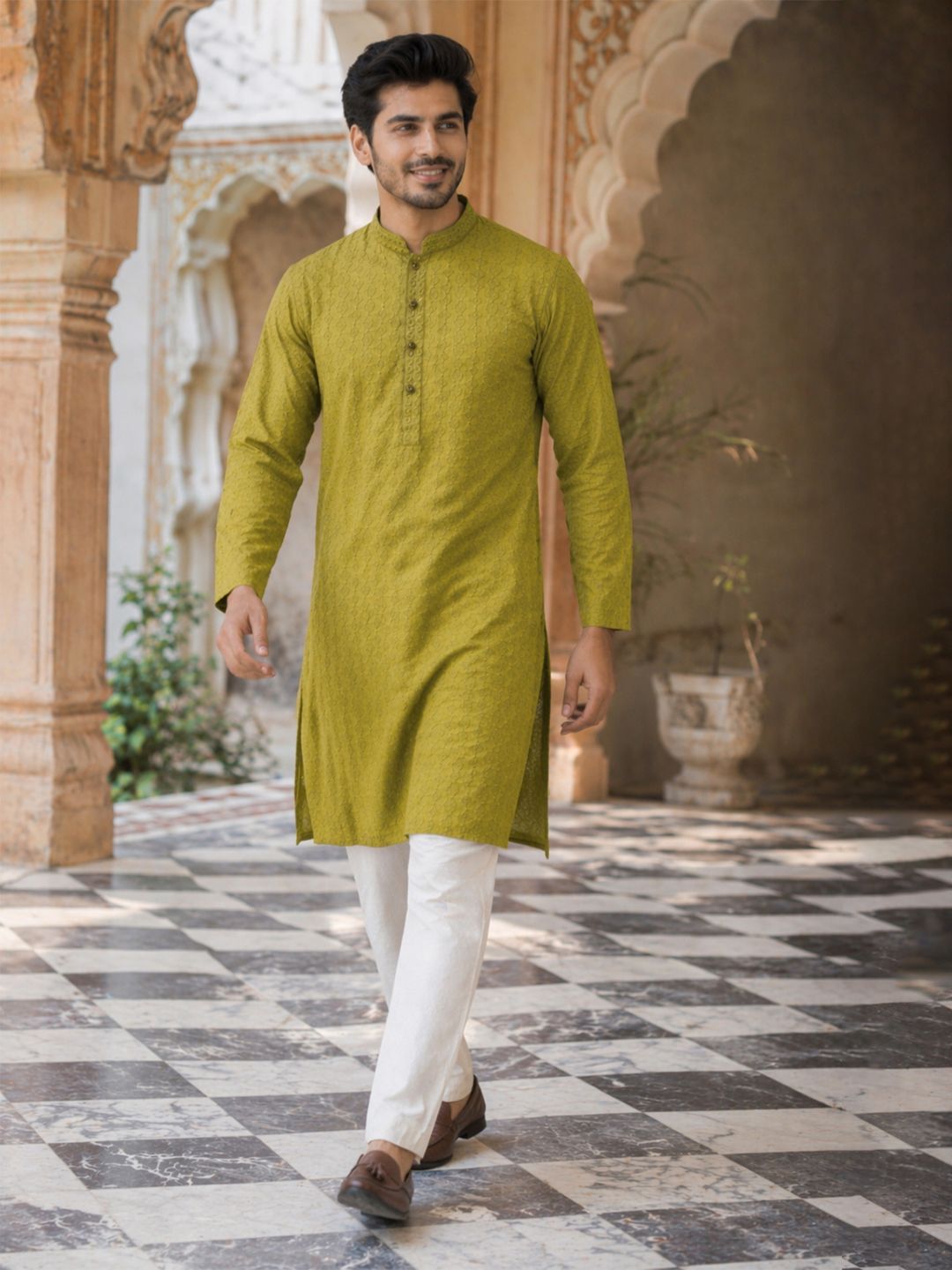 House of Pataudi Woven Design Mandarin Collar Chikankari Straight Kurta