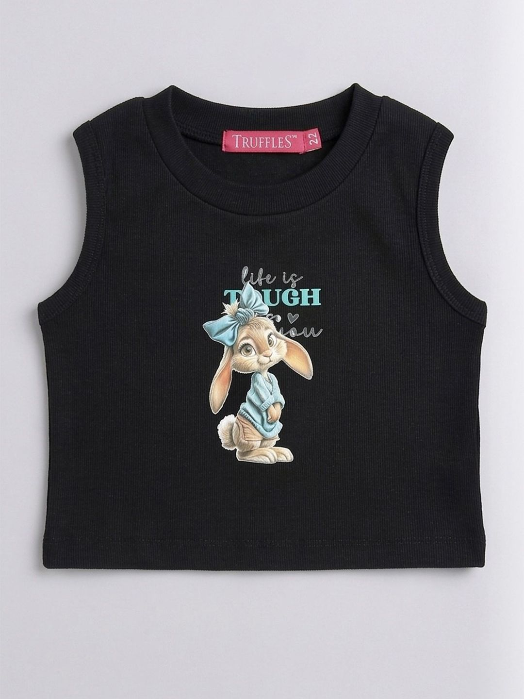 TRUFFLES Girls Black 'life Is Tough' Bunny Graphic Print Ribbed Crop Tops