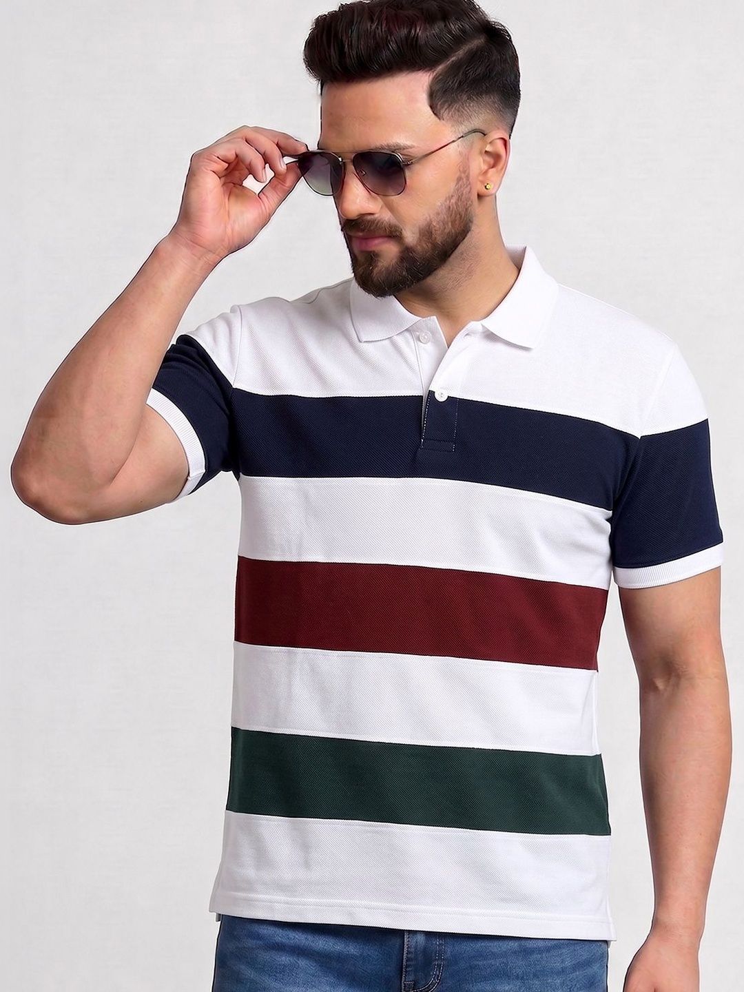 TB BLUE Men Striped Polo Collar Slim Fit T-shirt