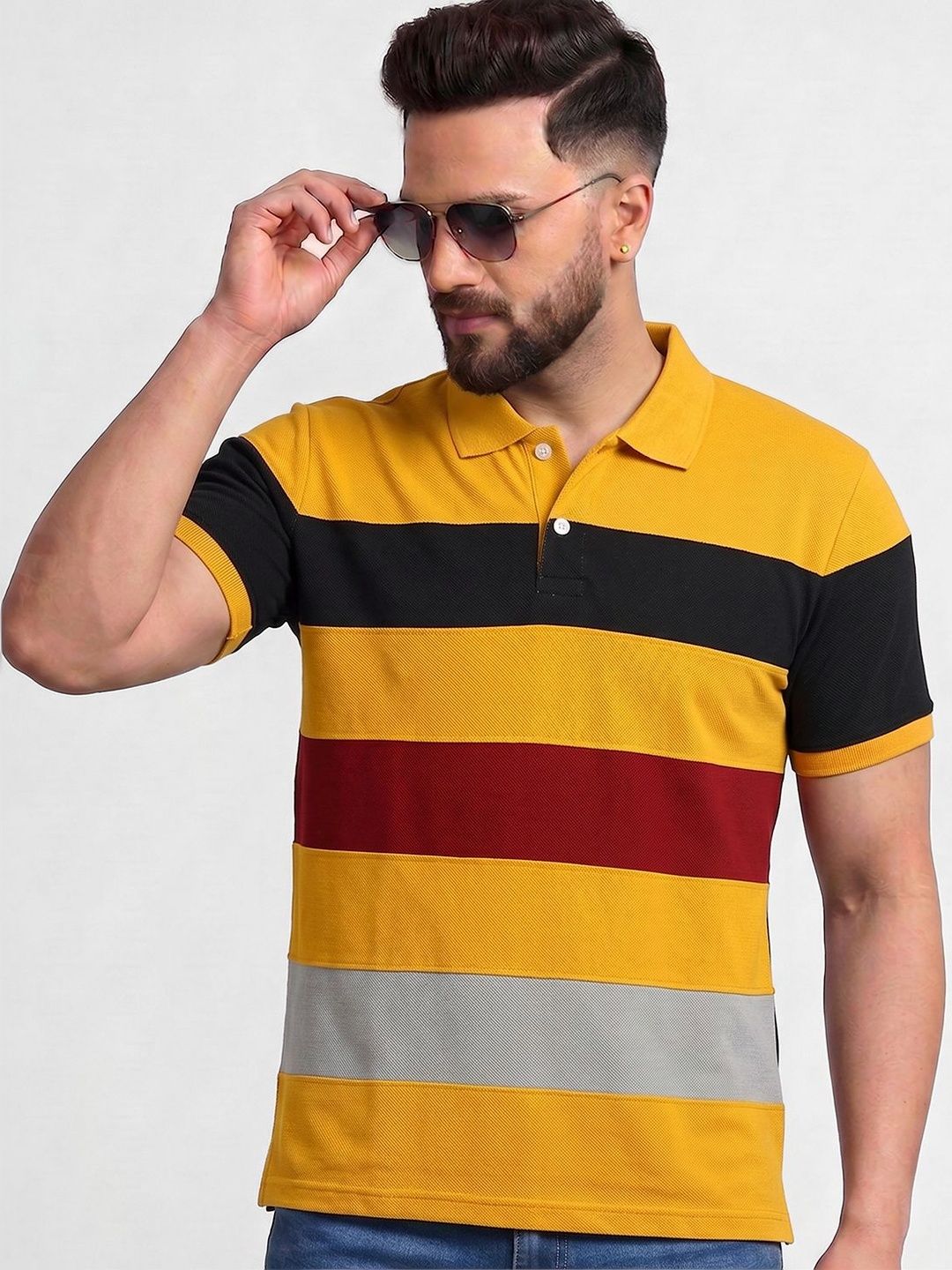 TB BLUE Men Colourblocked Polo Collar Slim Fit T-shirt