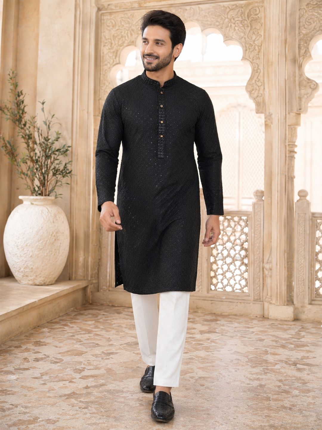 House of Pataudi Ethnic Motifs Embroidered Sequinned Detail Mandarin Collar Straight Kurta