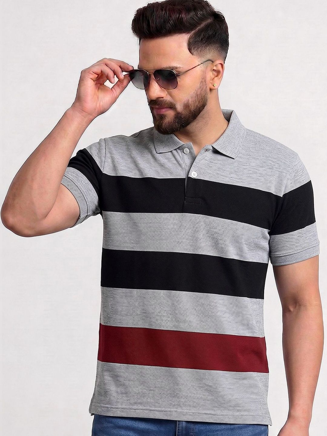 TB BLUE Men Striped Polo Collar Slim Fit T-shirt