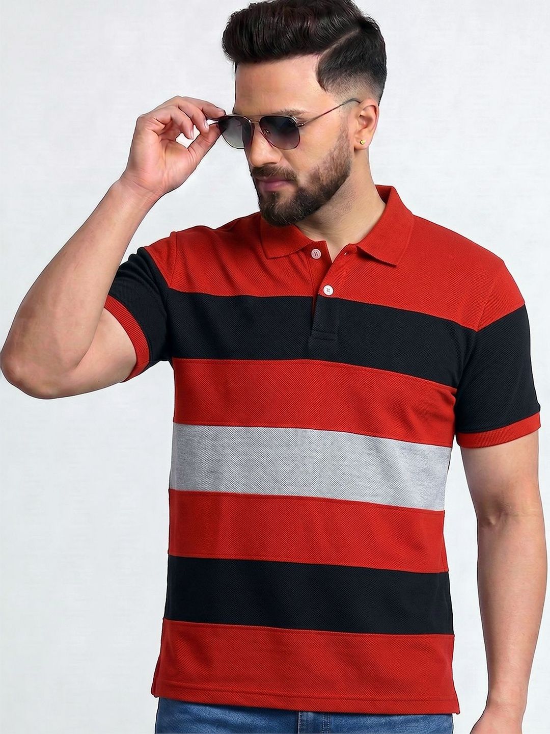 TB BLUE Men Striped Polo Collar Slim Fit T-shirt