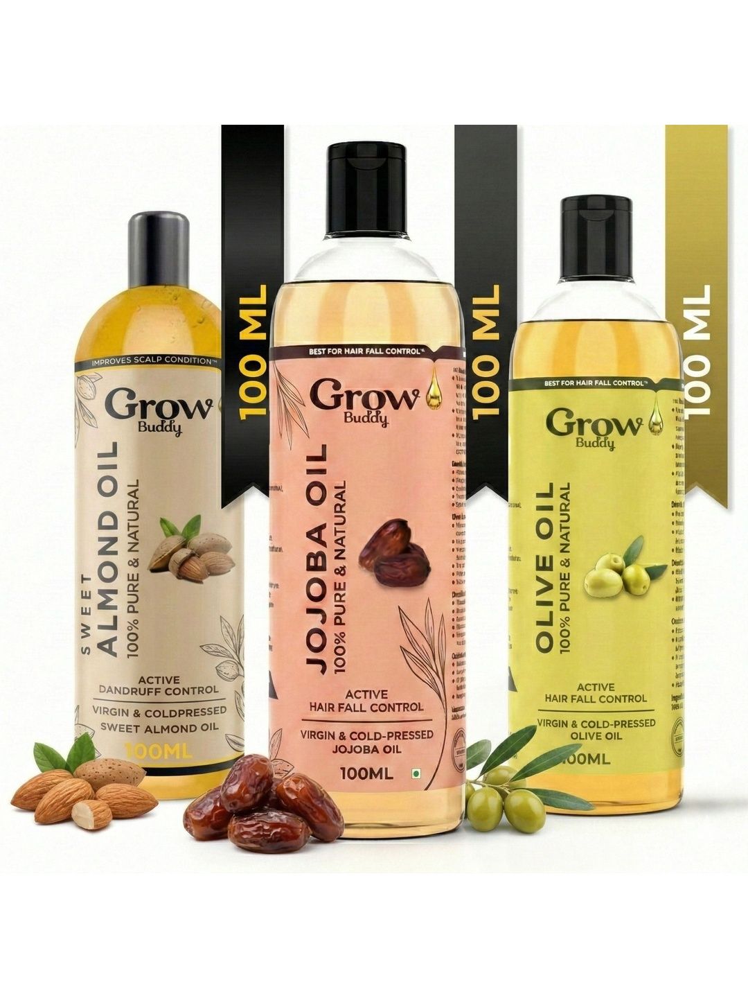 Growbuddy Set Of 3 Almond Jojoba & Olive Hair Oils - 100 ml Each