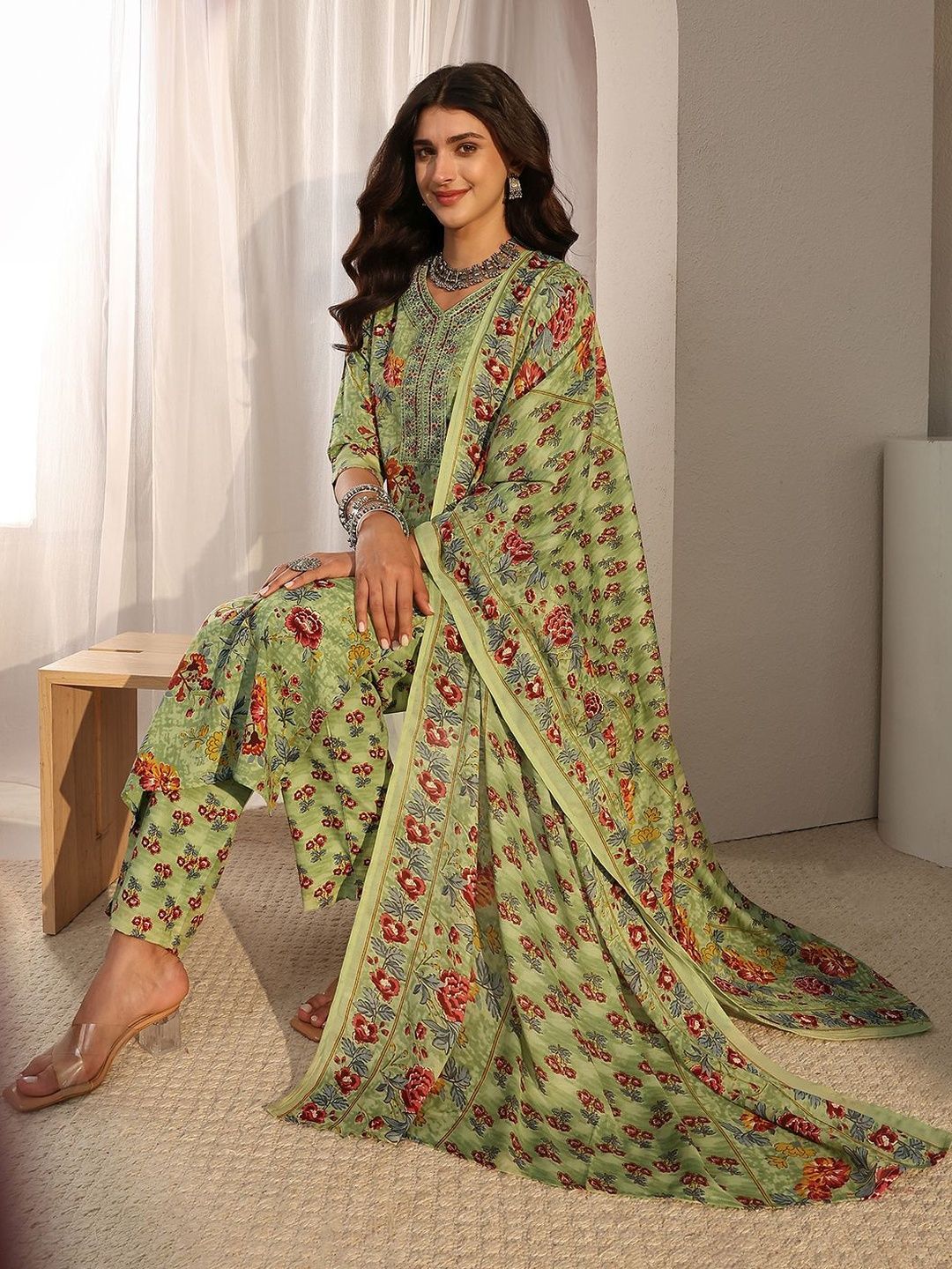 Gerua By Libas Libas Green Floral Printed Straight Suit Set with Dupatta