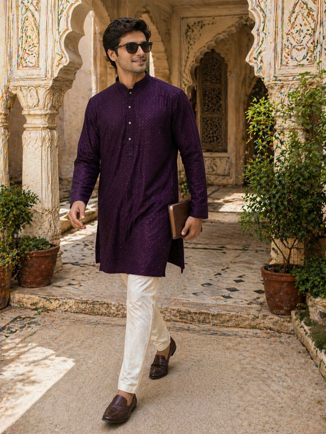 House of Pataudi Ethnic Motifs Embroidered Sequinned Detail Mandarin Collar Straight Kurta