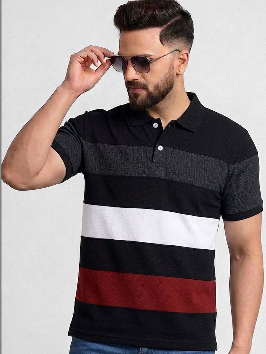 TB BLUE Men Striped Polo Collar Slim Fit T-shirt
