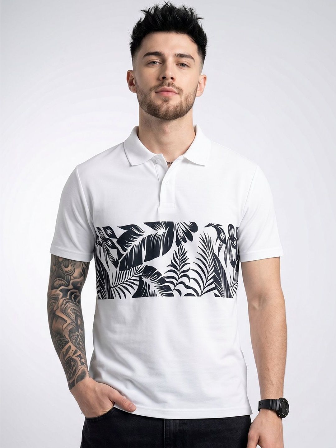 glitchez Men Floral Printed Polo Collar Tropical T-shirt