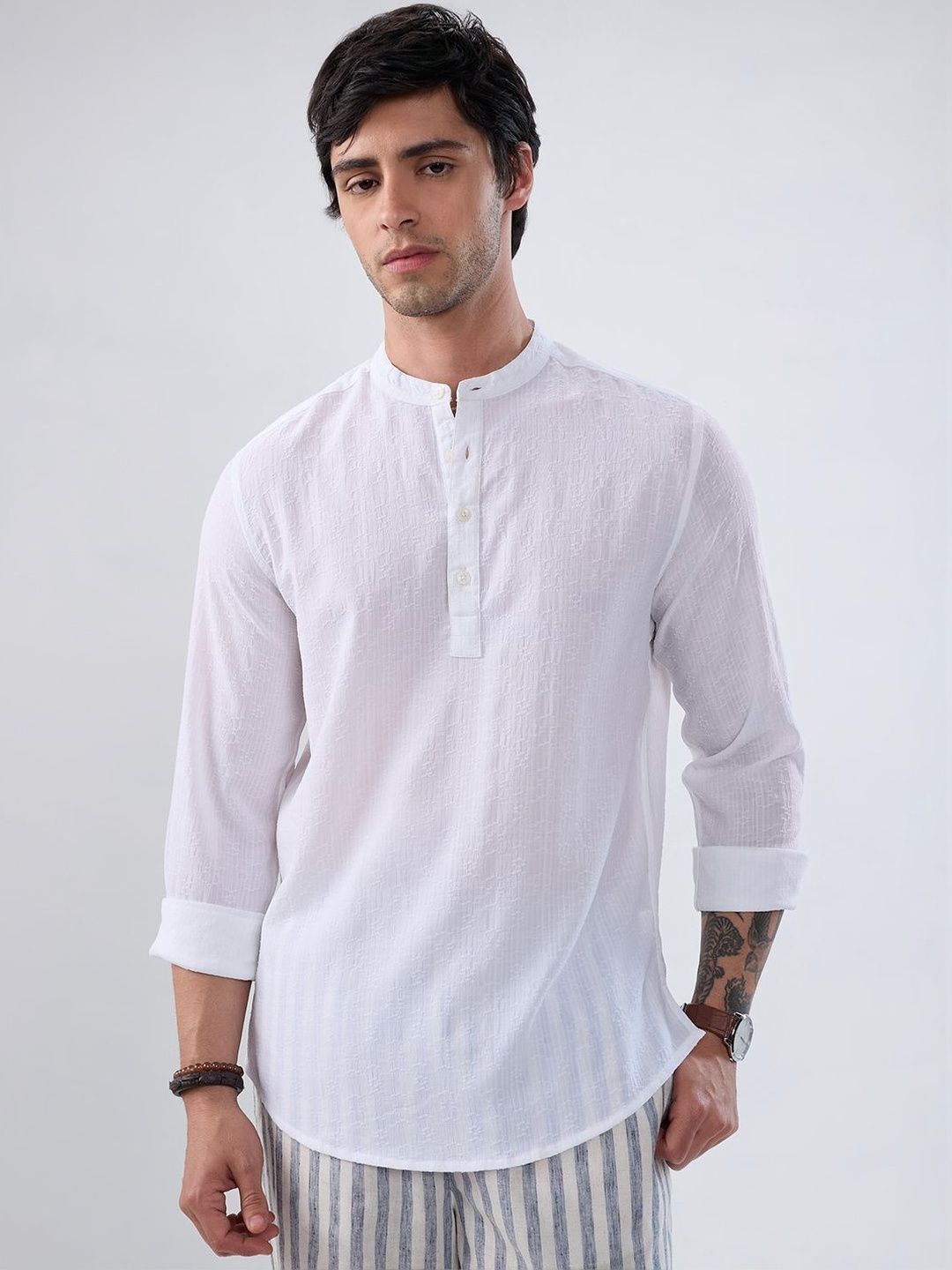 VASTRADO White Fine Weave Jacquard Kurta