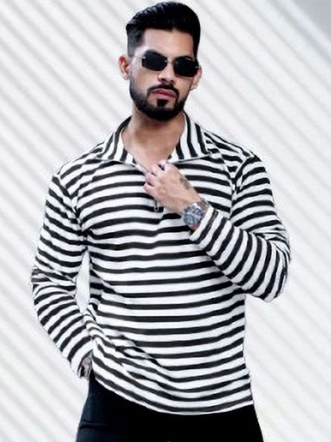 HOODLER Men Striped Polo Collar T-shirt