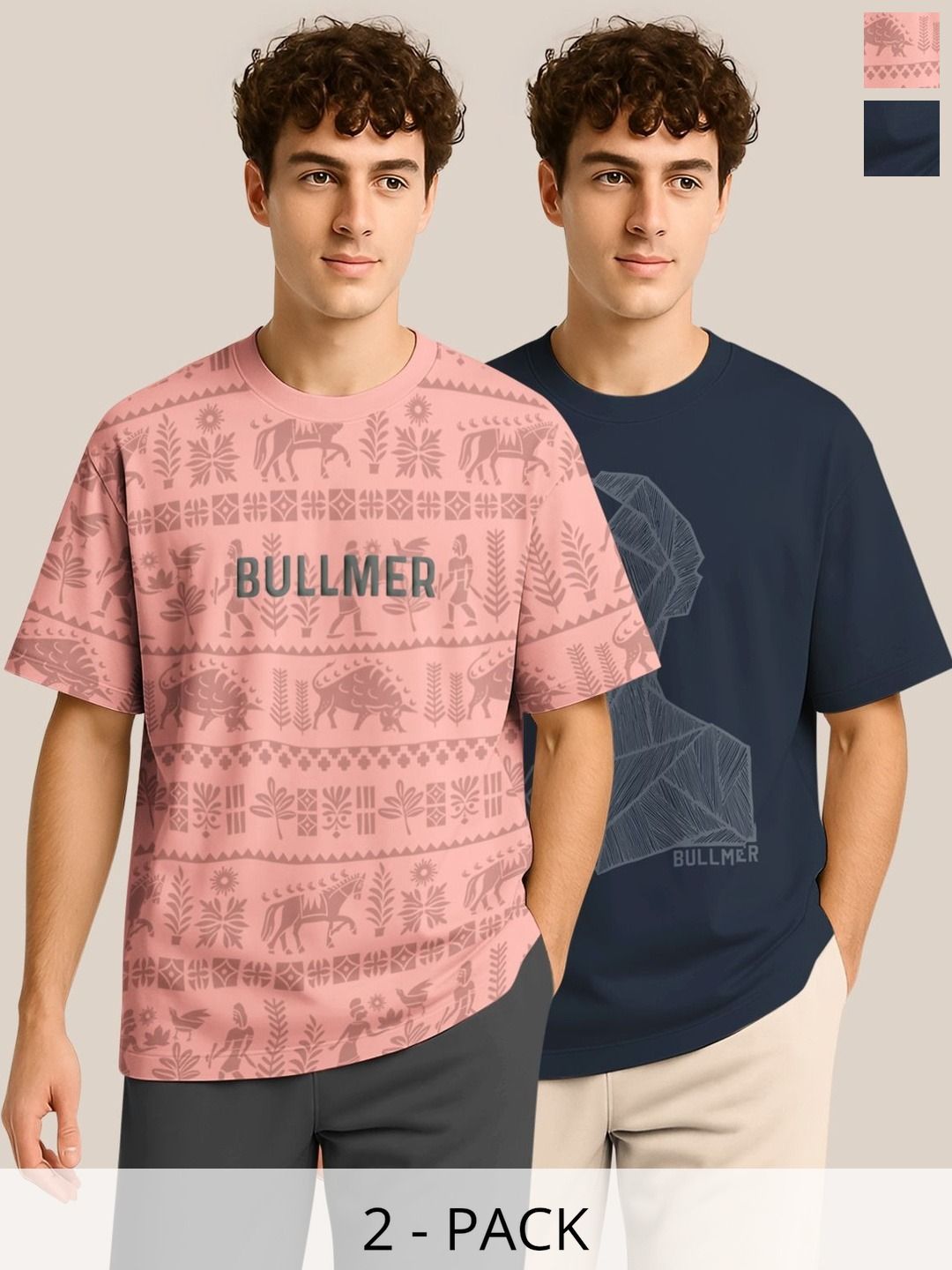 BULLMER Pack Of 2 Graphic Printed Crew Neck Drop Shoulder Oversized T-shirts