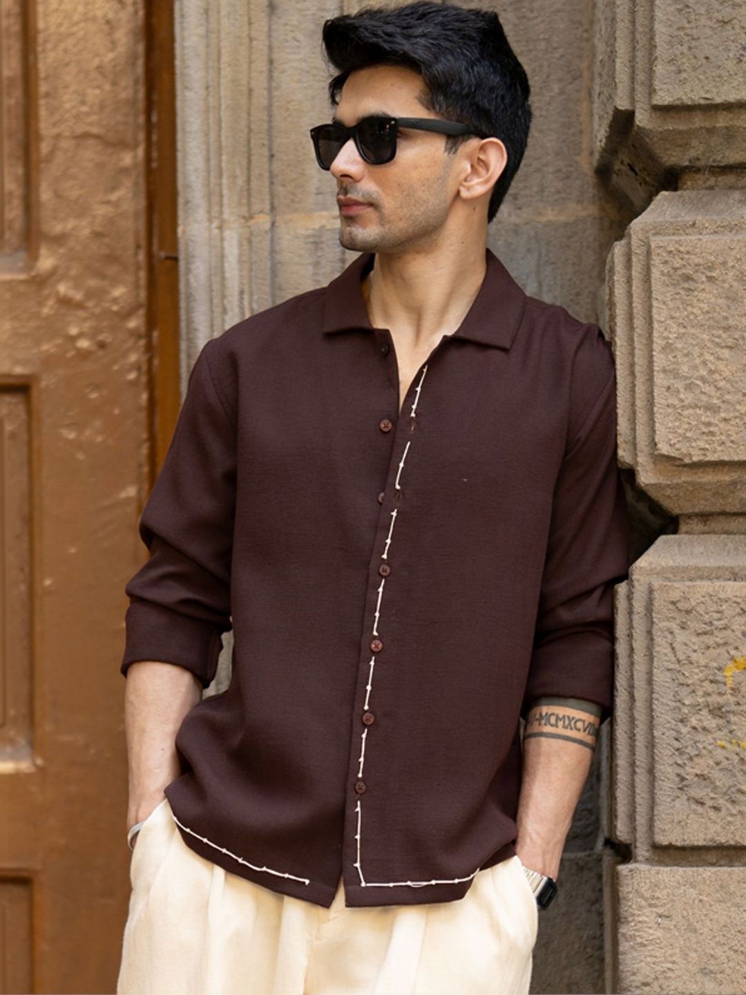 Powerlook Embroidery Spread Collar Casual Shirt
