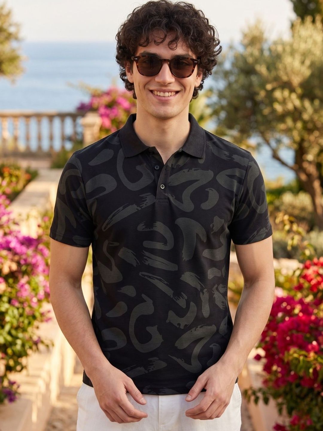 HERE&NOW Men Abstract Printed Polo Collar Antimicrobial T-shirt