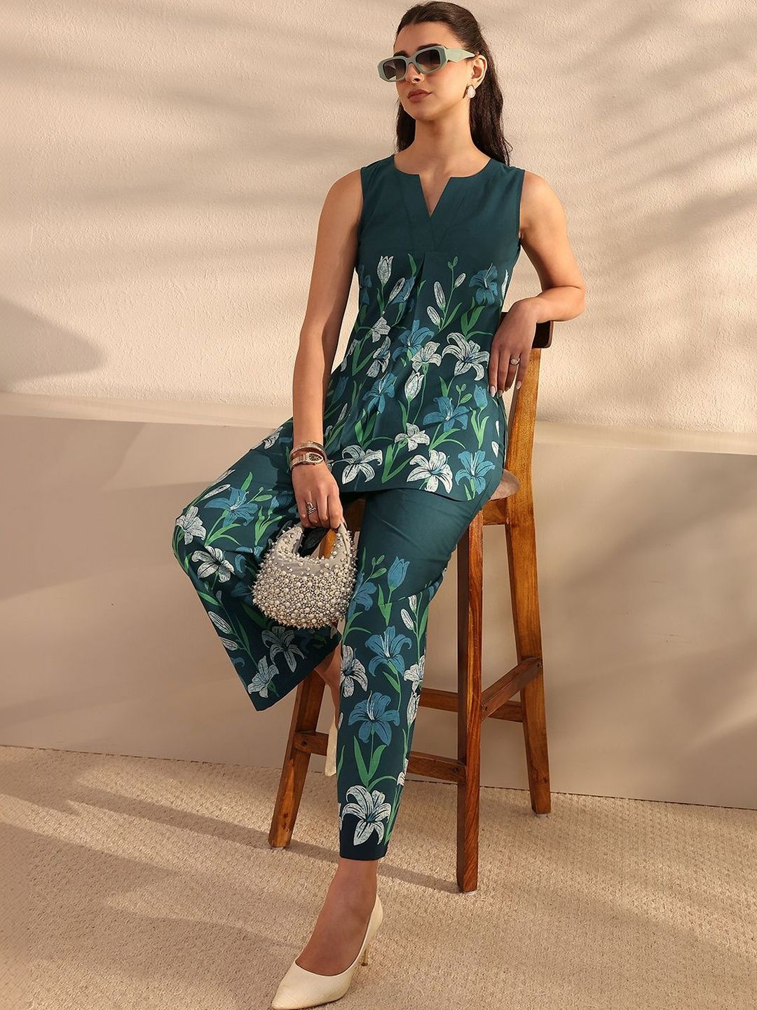 Libas Blue Floral Printed Cotton Co-Ord Set