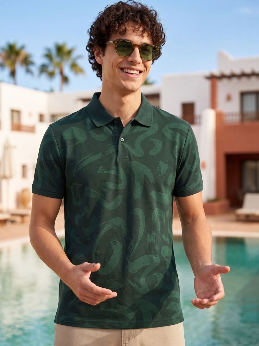 HERE&NOW Men Abstract Printed Polo Collar Antimicrobial T-shirt