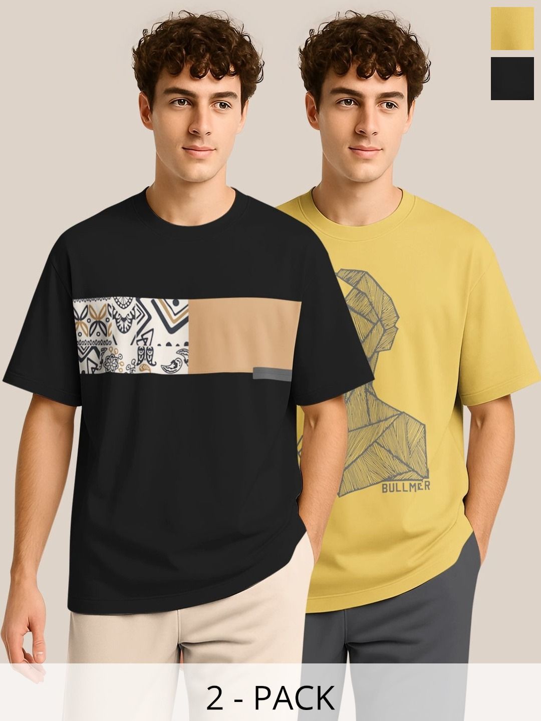 BULLMER Pack Of 2 Graphic Printed Crew Neck Drop Shoulder Oversized T-shirts