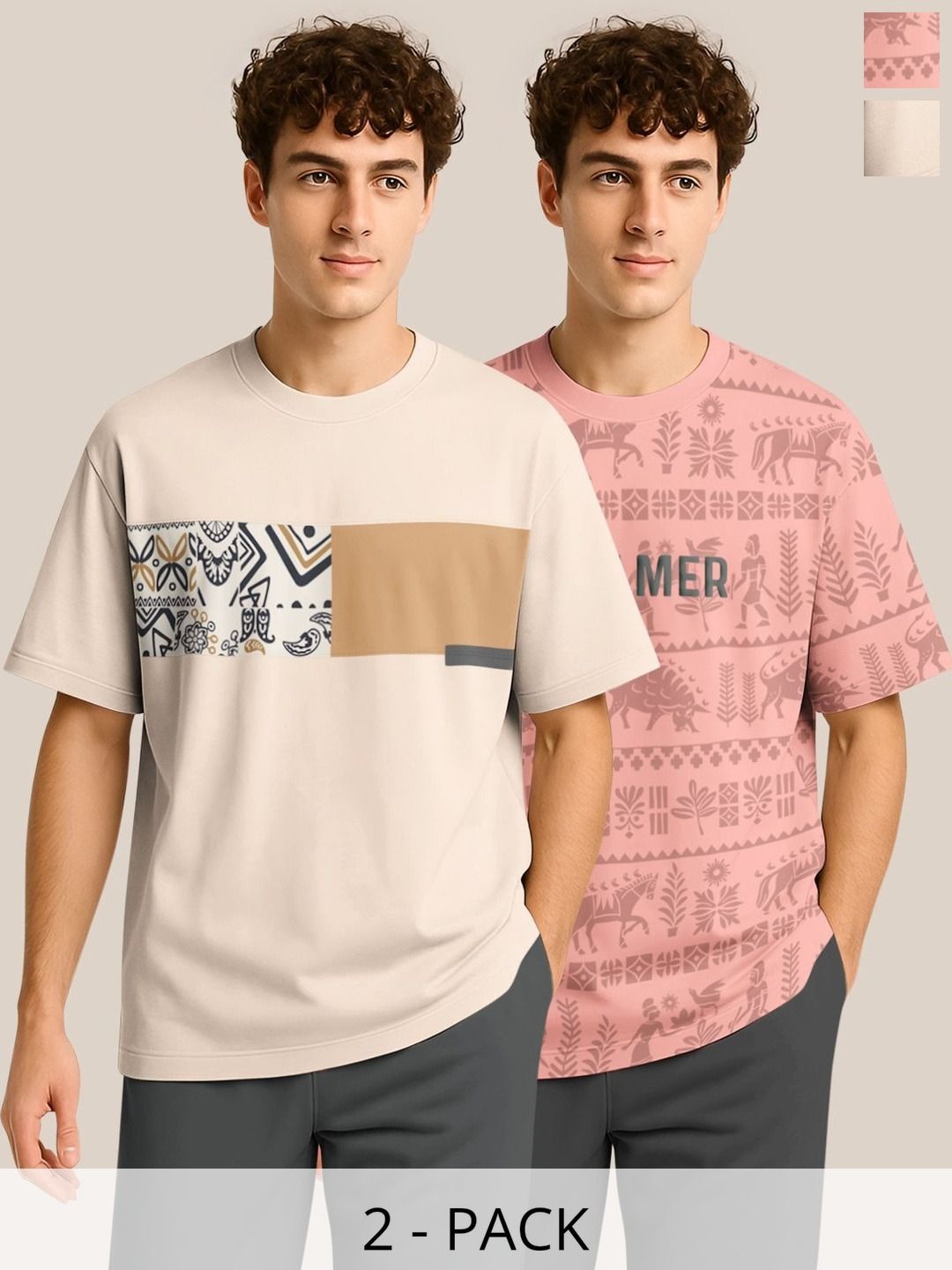 BULLMER Pack Of 2 Graphic Printed Crew Neck Drop Shoulder Oversized T-shirts