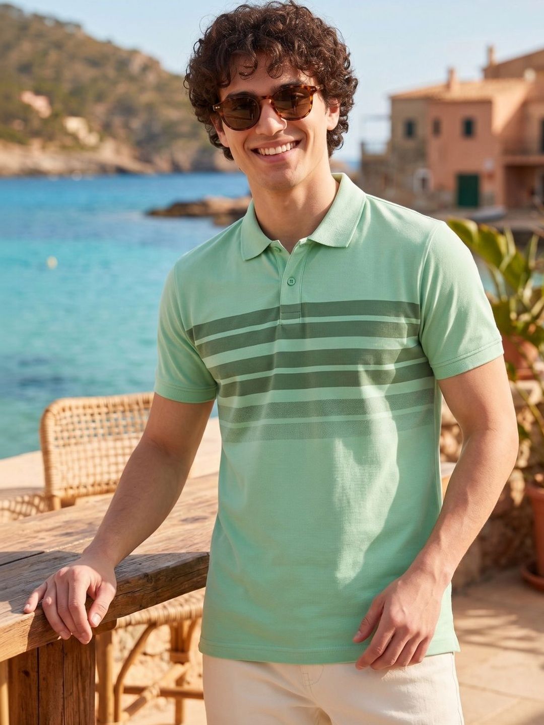HERE&NOW Men Striped Polo Collar Antimicrobial T-shirt