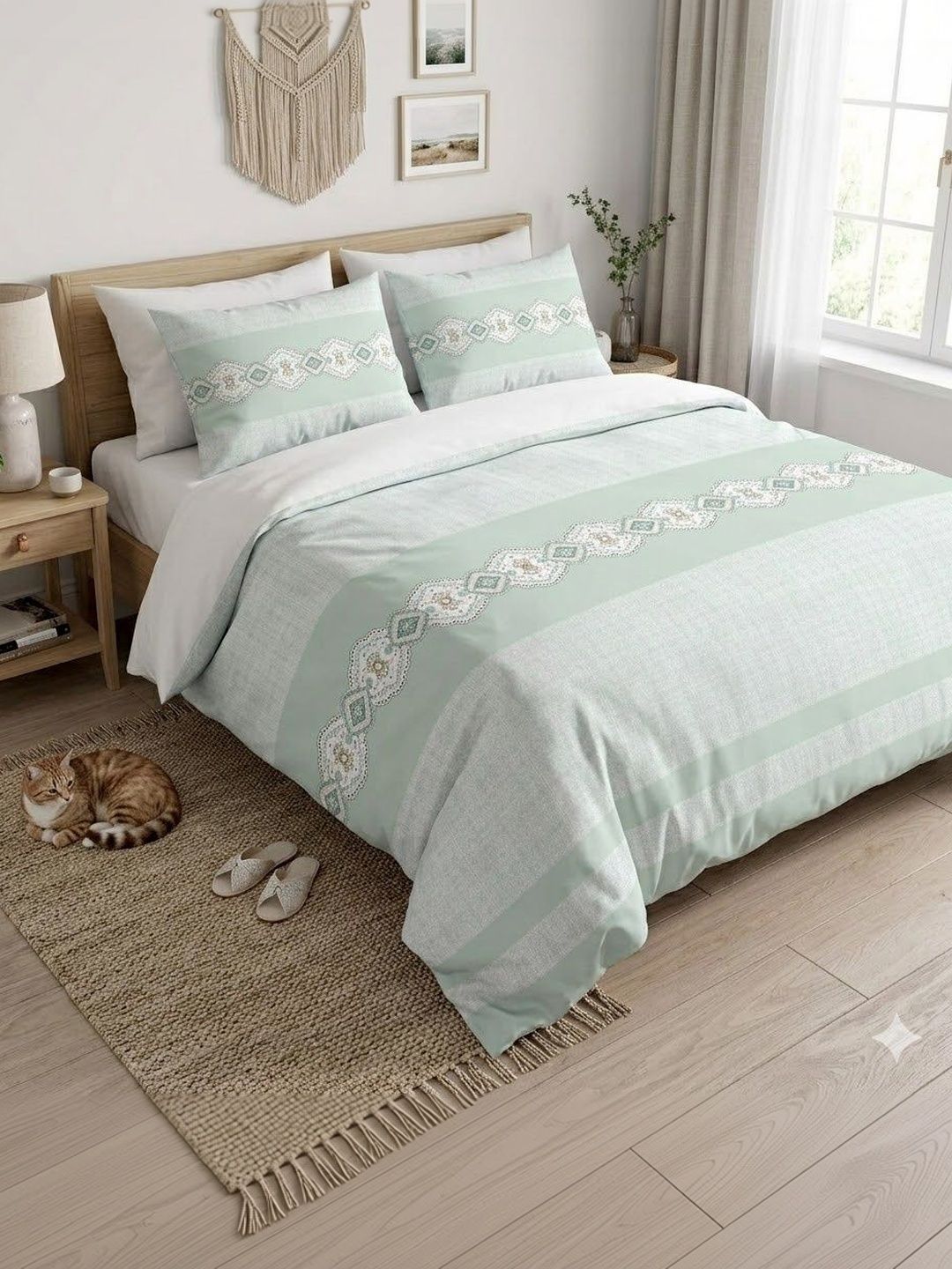 Sangria Green Geometric 160 TC King Bedsheet with 2 Pillow Covers