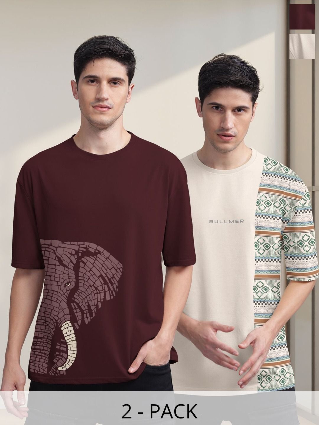 BULLMER Men Pack Of 2 Round Neck Printed Oversized T-shirts