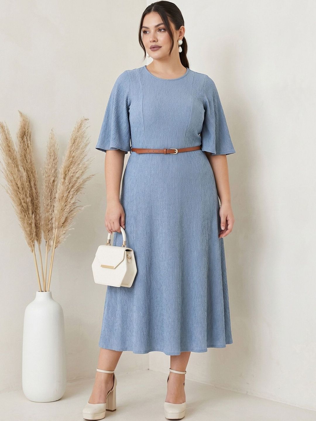 Selvia Flared Sleeve Fit & Flare Midi Dress with Belt