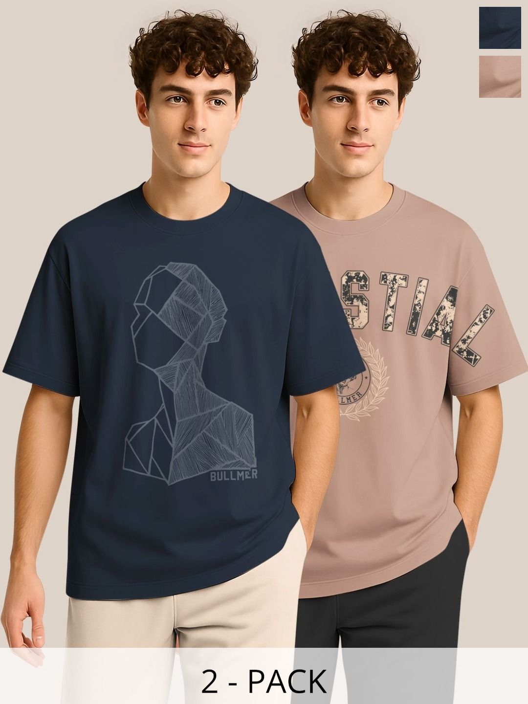 BULLMER Pack Of 2 Graphic Printed Crew Neck Drop Shoulder Oversized T-shirts