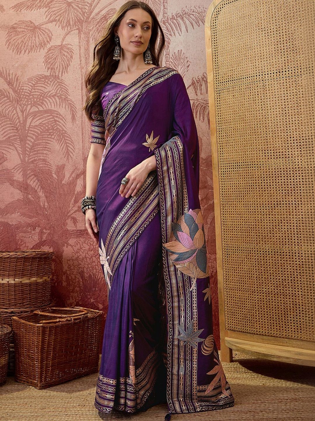 Sangria Embellished Embroidered Saree with Blouse Piece