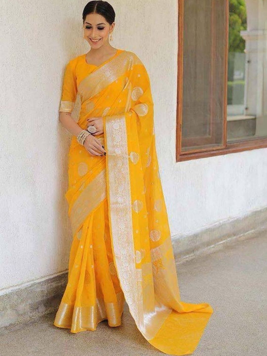 ODETTE Woven Design Silk Blend Heavy Work Saree