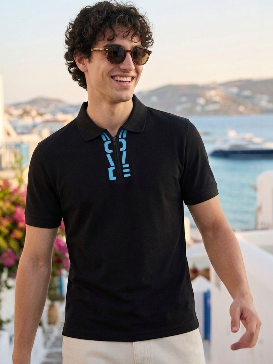 HERE&NOW Men Typography Printed Polo Collar Antimicrobial T-shirt