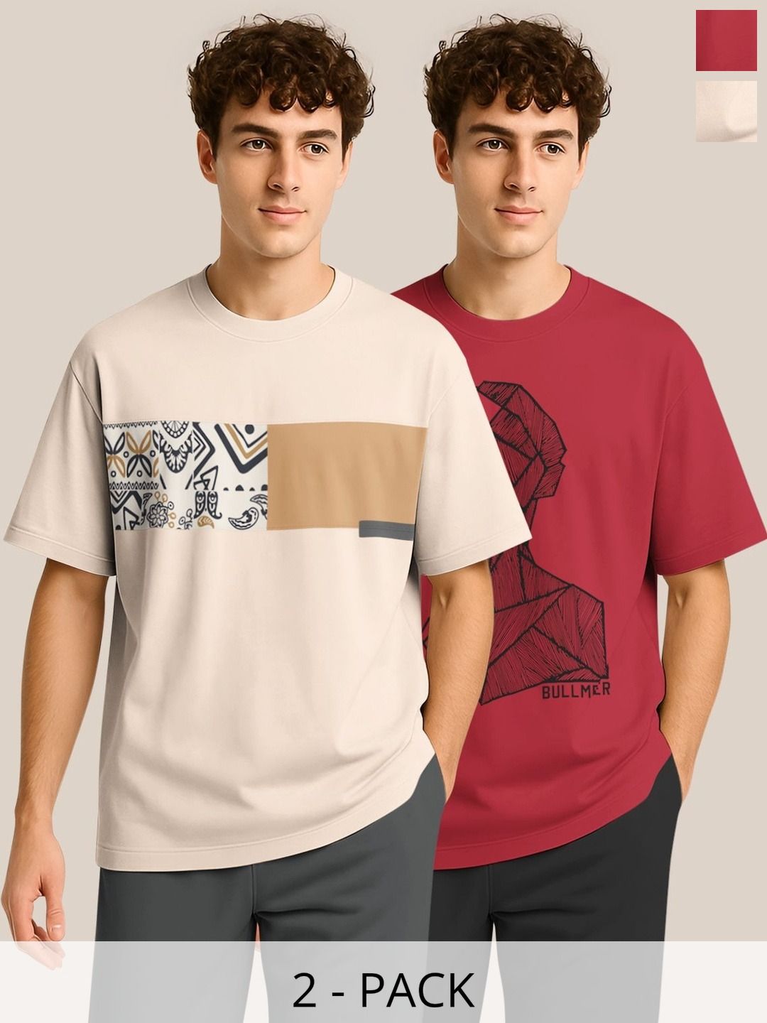 BULLMER Pack Of 2 Graphic Printed Crew Neck Drop Shoulder Oversized T-shirts