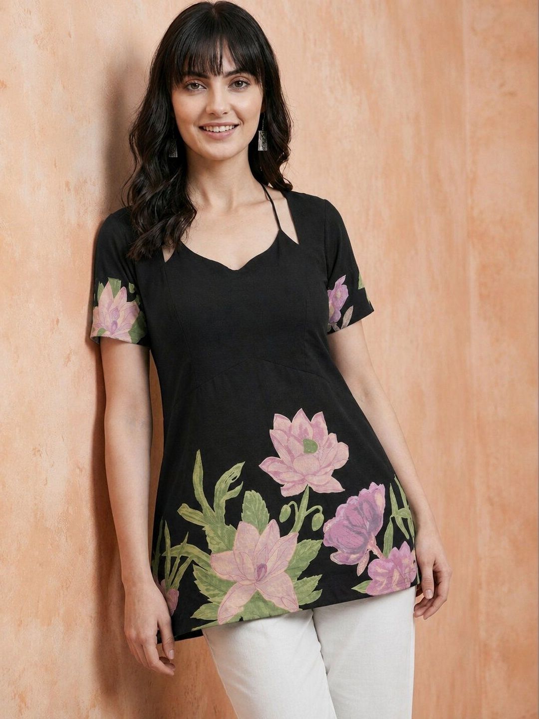 all about you Botanical Printed V-Neck Pure Cotton Kurti